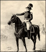 Joseph Smith with "Nauvoo Legion Benevolent Association" banner.