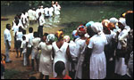 Mormon missionary baptizing line of converts.