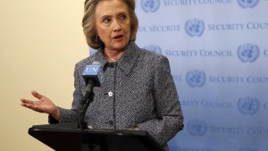 Former U.S. Secretary of State Hillary Clinton speaks during a press conference at the United Nations in New York