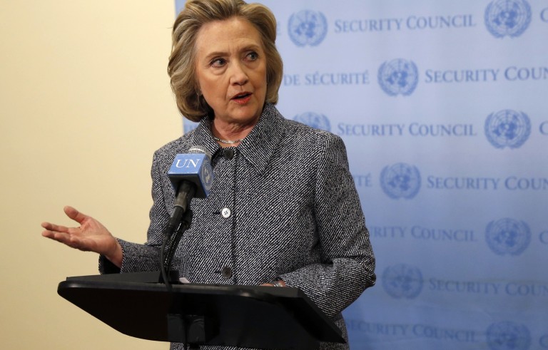 Former U.S. Secretary of State Hillary Clinton speaks during a press conference at the United Nations in New York