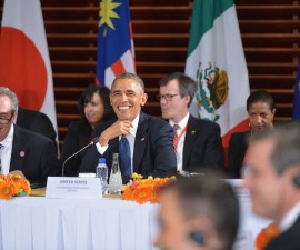 US President Barack Obama smiles during a meeting with leaders from the Trans-Pacific Partnership at the US embassy in Beijing on November 10, 2014.  Top leaders and ministers of the 21-member APEC grouping are meeting in Beijing from November 7 to 11. AFP PHOTO/Mandel NGAN        (Photo credit should read MANDEL NGAN/AFP/Getty Images)