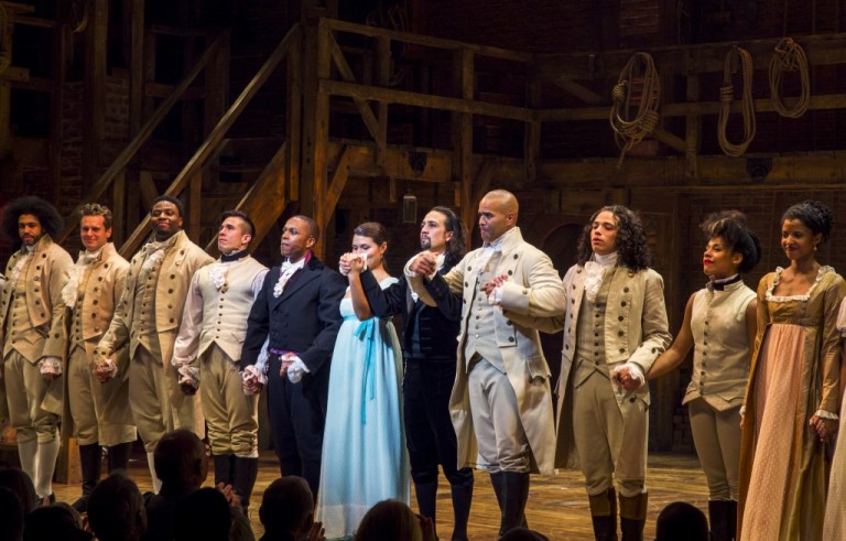 Lin-Manuel Miranda (5th R), actor and creator of the of the play "Hamilton," bows to the audience after opening night of the play on Broadway in New York August 6, 2015. REUTERS/Lucas Jackson - RTX1NE26