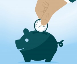 Businessman Dropping Clock Into Piggy Bank