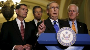 (L-R) Republican Senate leaders Tom Barrasso (R-WY), John Thune (R-SD), Senate Majority Leader Mitch McConnell (R-KY) and John Cornyn (R-TX) hold a news conference on budget negotiations on Capitol Hill in Washington December 15, 2015. REUTERS/Gary Cameron TPX IMAGES OF THE DAY - RTX1YUAP