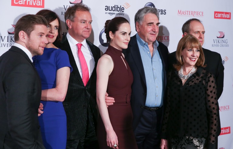 NEW YORK, NY - DECEMBER 07:  (L-R) Allen Leech, Elizabeth McGovern, Hugh Bonneville, Michelle Dockery, Jim Carter, Phyllis Logan and Kevin Doyle attend "Downton Abbey" series season six premiere at Millenium Hotel on December 7, 2015 in New York City.  (Photo by Rob Kim/Getty Images)