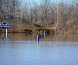 ARNOLD, MO - JANUARY 2: A flooded out football field is seen at the Jefferson County Youth Association on January 2, 2016 in Arnold, Missouri. After the record crest of the Meremac River after days of rainfall, the community looks to start the cleanup efforts and relief for victims of area flooding. (Photo by Michael B. Thomas/Getty Images)