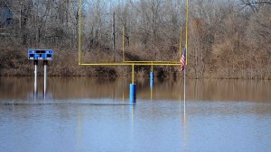 ARNOLD, MO - JANUARY 2:  A flooded out football field is seen at the Jefferson County Youth Association on January 2, 2016 in Arnold, Missouri. After the record crest of the Meremac River after days of rainfall, the community looks to start the cleanup efforts and relief for victims of area flooding. (Photo by Michael B. Thomas/Getty Images)