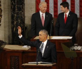 U.S. President Barack Obama waves as he arrives at the podium to deliver his State of the Union address to a joint session of Congress in Washington, January 12, 2016. Photo by Carlos Barria/Reuters