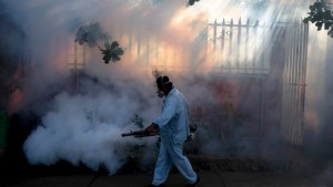 A health ministry worker fumigates a house to kill mosquitoes during a campaign against dengue and chikungunya and to prevent the entry of Zika virus in Managua, Nicaragua January 26, 2016. The Government of Nicaragua announced a plan in order to stop the Zika virus from arriving in the country. REUTERS/Oswaldo Rivas TPX IMAGES OF THE DAY - RTX244D1