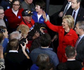 U.S. Democratic presidential candidate Hillary Clinton waves to supporters after a campaign rally at Iowa State University in Ames, Iowa January 30, 2016. REUTERS/Adrees Latif - RTX24Q6J