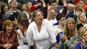 A supporter cheers as Donald Trump speaks at a Super Tuesday campaign rally in Louisville, Kentucky on March 1, 2016.