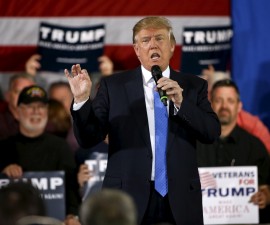 Republican U.S. presidential candidate Donald Trump speaks during a town hall in Janesville, Wisconsin on March 29. Photo by Kamil Krzaczynski/Reuters