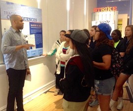 Justin Reid, Moton Museum's Associate Director for Museum Operations, describes the events that led to the 1951 student walkout and strike. Photo courtesy by Jeff Feinstein