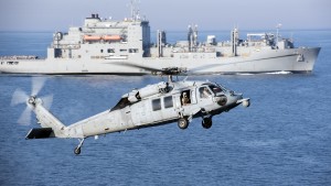An MH-60S Sea Hawk helicopter prepares to land on the flight deck of aircraft carrier USS Harry S. Truman during a vertical replenishment in the Arabian Gulf in this U.S. Navy picture taken April 6, 2016. The U.S. Navy is leading a 30-nation maritime exercise across Middle Eastern waters which it says will help protect international trade routes against possible threats, including from Islamic State and al Qaeda. Picture taken April 6, 2016.  REUTERS/U.S. Navy/Mass Communication Specialist 3rd Class Justin R. Pacheco/Handout via Reuters   THIS IMAGE HAS BEEN SUPPLIED BY A THIRD PARTY. IT IS DISTRIBUTED, EXACTLY AS RECEIVED BY REUTERS, AS A SERVICE TO CLIENTS. FOR EDITORIAL USE ONLY. NOT FOR SALE FOR MARKETING OR ADVERTISING CAMPAIGNS - RTX298A2