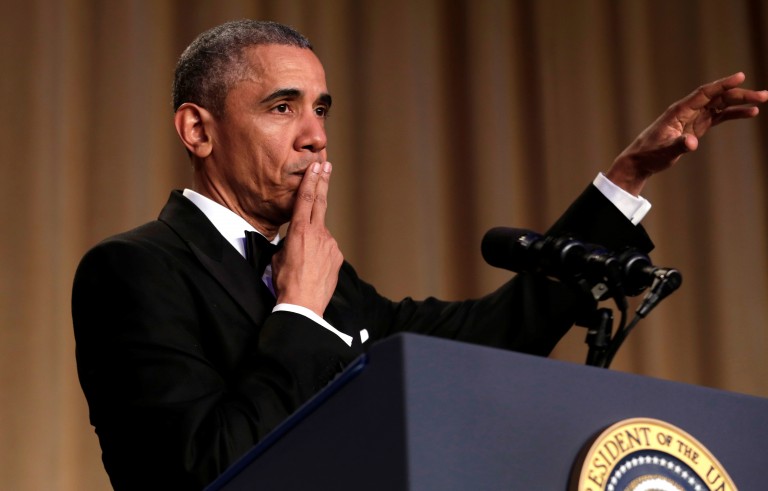 U.S. President Barack Obama says "Obama out!" at the White House Correspondents' Association annual dinner in Washington, U.S., April 30, 2016. REUTERS/Yuri Gripas TPX IMAGES OF THE DAY - RTX2C9WT