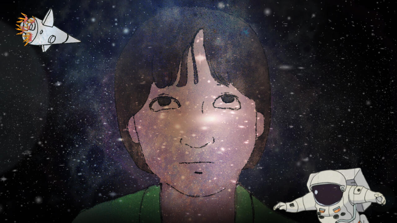 Illustrated image of a young boy's face with light skin tone and brown hair as he looks upwards towards a starry sky.