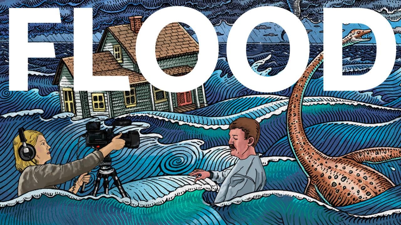 Colorful drawing of waves with a house at the fop, a woman with a large film camera pointing at a man underneath