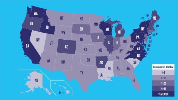 A graphic map of the United States with states colored in various shades of purple, representing distribution of Indie Lens Pop-Up partners.