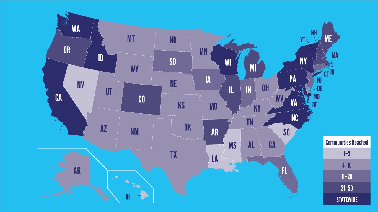 A graphic map of the United States with states colored in various shades of purple, representing distribution of Indie Lens Pop-Up partners.