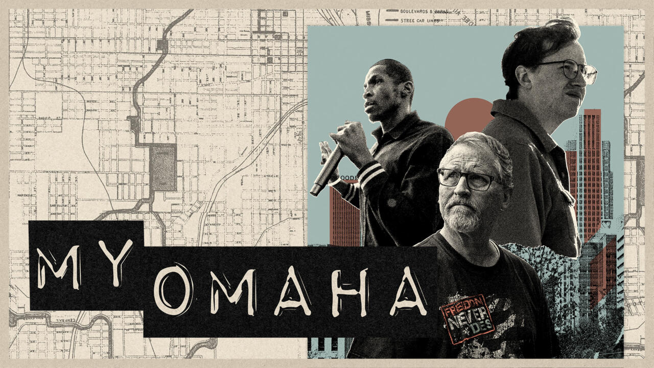 Three people stand in front of a cityscape labeled "My Omaha," with a map in the background and a crowd below them.
