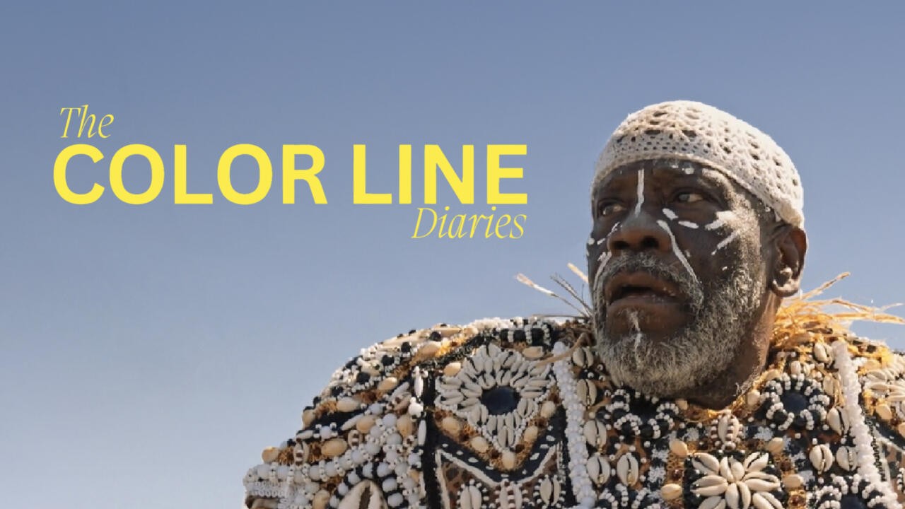 A man in an ornate, shell-decorated costume stands outside under a blue sky. The text reads, “The Color Line Diaries.”.