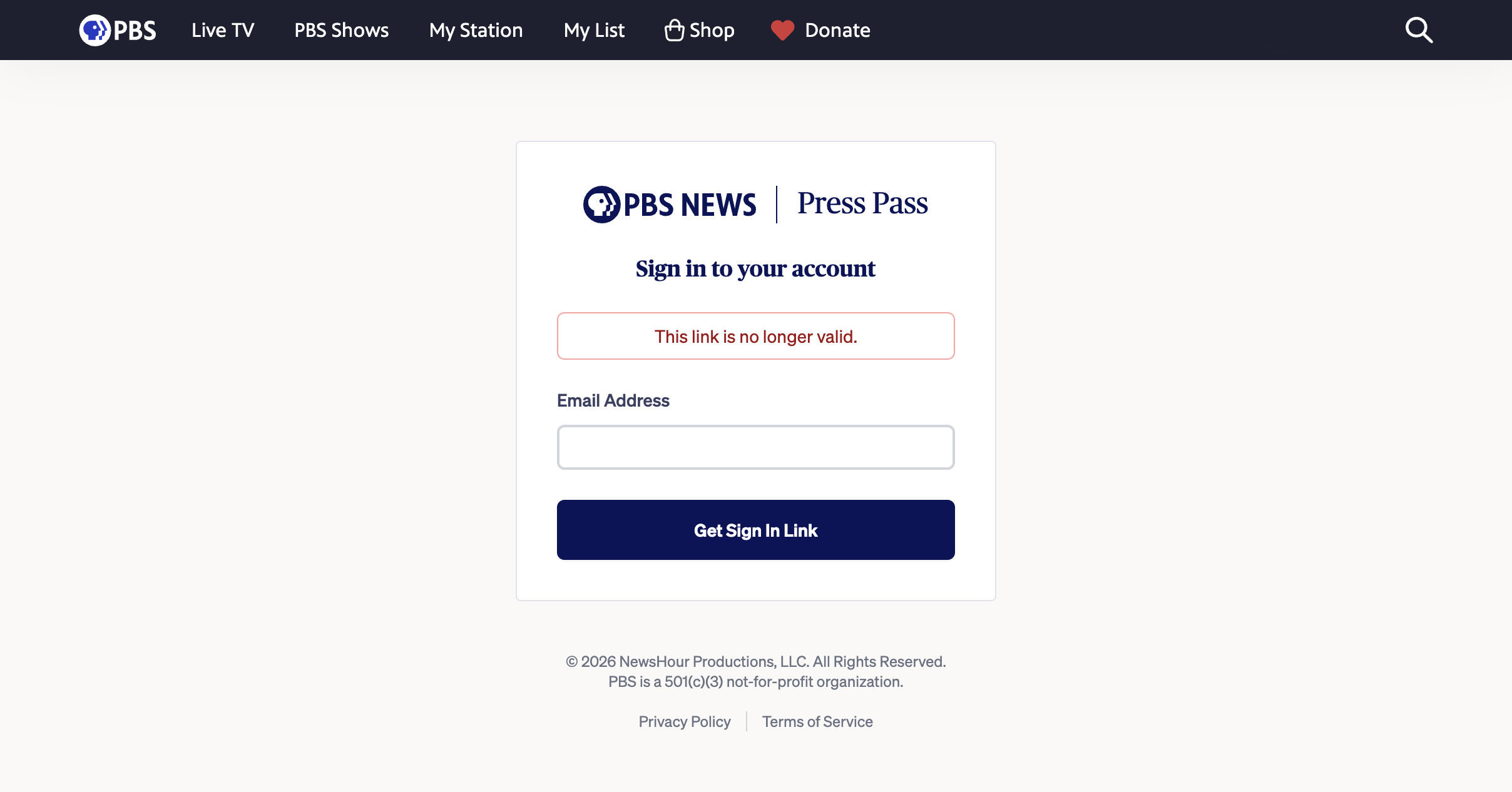 The Press Pass sign-in page showing the message: This link is no longer valid, above the email address field.