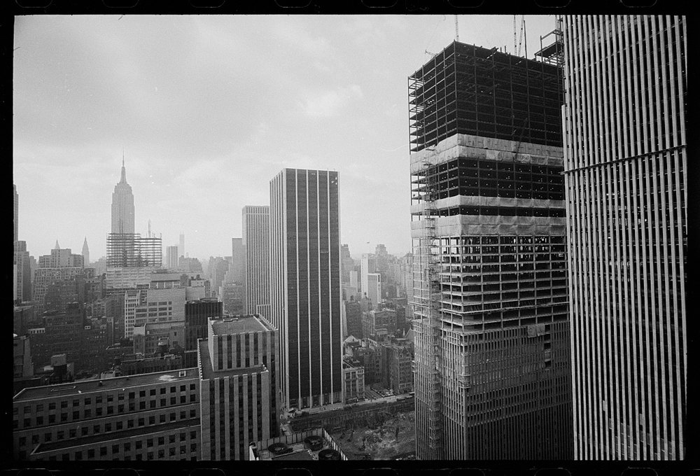 The skyline of New York City in 1971, with the Twin Towers of the World Trade Center under construction in the foreground. Library of Congress/Thomas J. O'Halloran. Twin towers construction.jpg