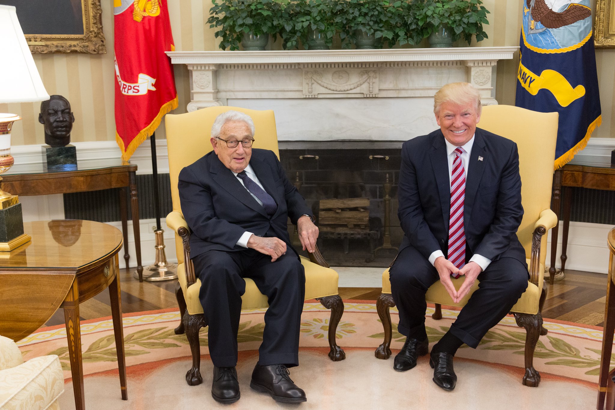 President Donald Trump meets with former National Security Advisor and Secretary of State Henry Kissinger, Wednesday, May 10, 2017, in the Oval Office of the White House in Washington, D.C. (Official White House Photo by Shealah Craighead) President_Trump_Meets_with_Henry_Kissinger_(33787724293).jpg