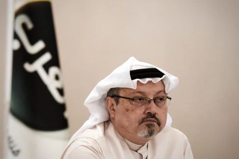 Jamal Khashoggi at a press conference in Bahrain.