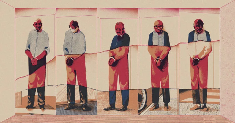 An illustration of five elderly people in handcuffs.