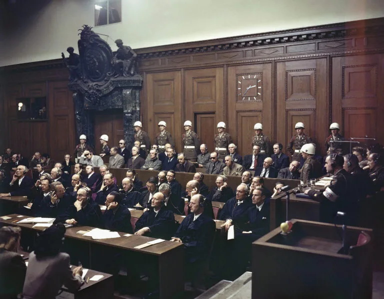 Defendants listen to part of the verdict in the Palace of Justice during the Nuremberg war crimes trials in Nuremberg, Germany, 1946.