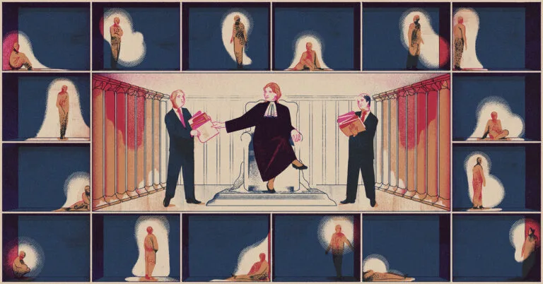 An illustration of a judge sitting on a chair with two people on either side holding files. Around them, a number of people wait in small rooms.