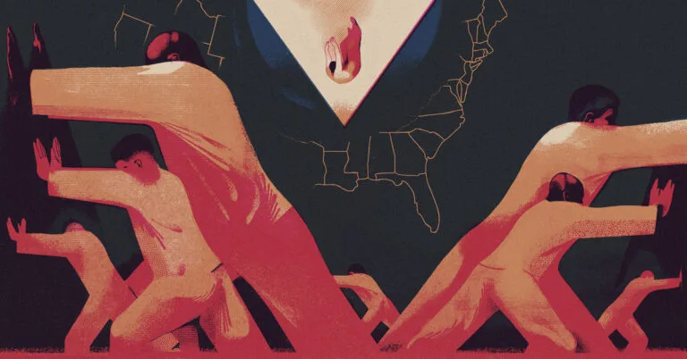 An illustration of people on two sides pushing against the wall on either side. There's a map of the U.S. on the back and a person falling in the middle.