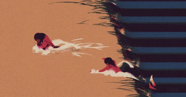 An illustration of two people, one holding a baby, trying to hold on and swim against gushing water.