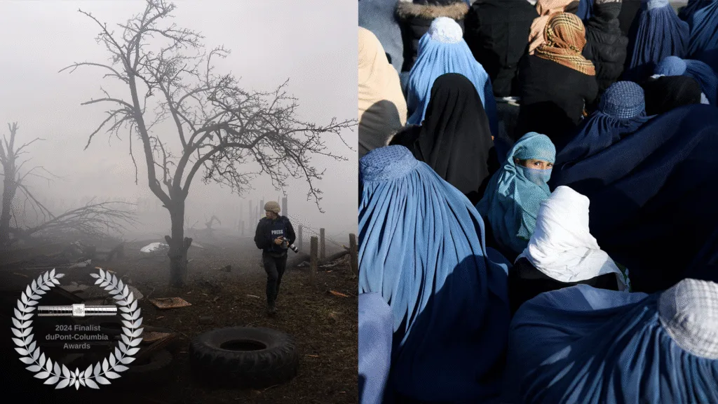 Stills from "20 Days in Mariupol" and "Afghanistan Undercover" with 2024 Finalist duPont-Columbia Awards logo.