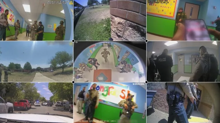 A collage of screenshots from the Uvalde school shooting.