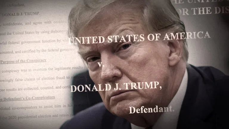 An image of former U.S. President Donald Trump, juxtaposed with text from the Department of Justice’s indictment.