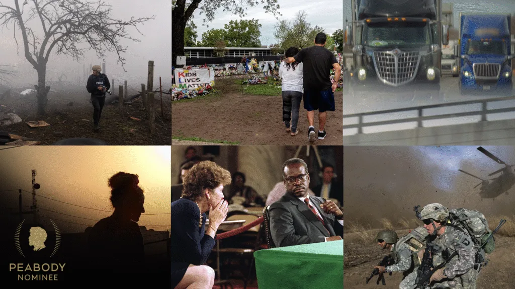 A collage of stills from six documentaries, with a "Peabody nominee" logo on it.