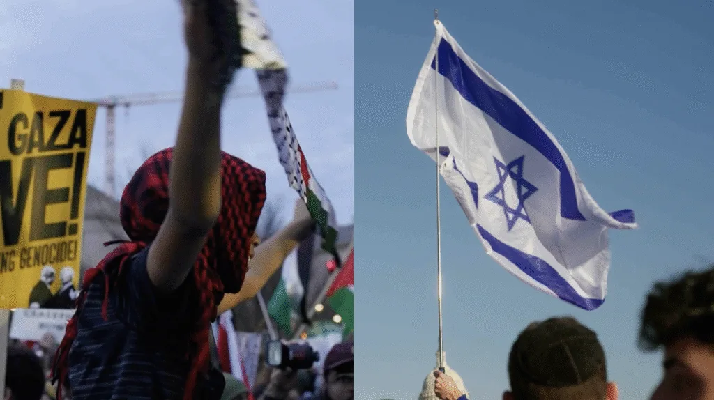 On the left, a person holds a Palestinian flag attached to a keffiyeh. On the right, a person holds an Israeli flag.