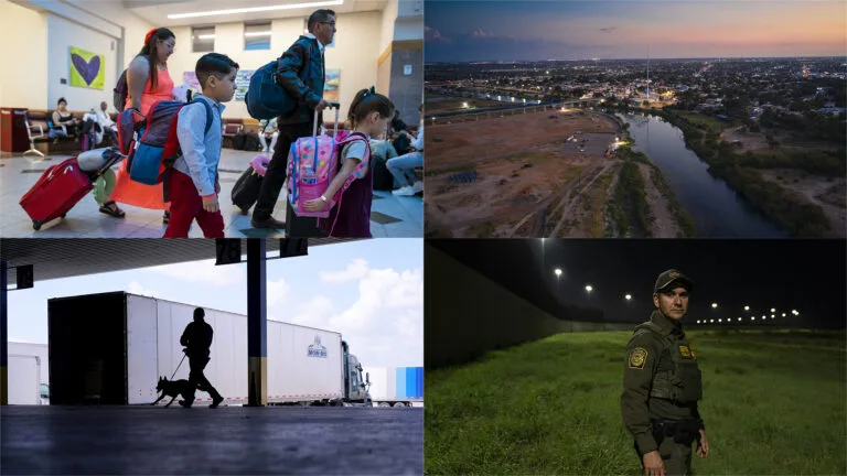 A collage of four photos: The top left photo shows a family carrying luggage, the top right shows the Rio Grande in low light, the bottom right shows a man in Border Patrol uniform standing in a field at night; the bottom left shows a Customs and Border Protection officer in silhouette leading a dog near trucks.