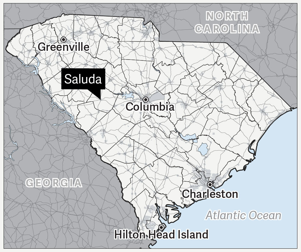 A map of South Carolina showing the locations of Greenville, Saluda, Columbia, Charleston and Hilton Head Island.