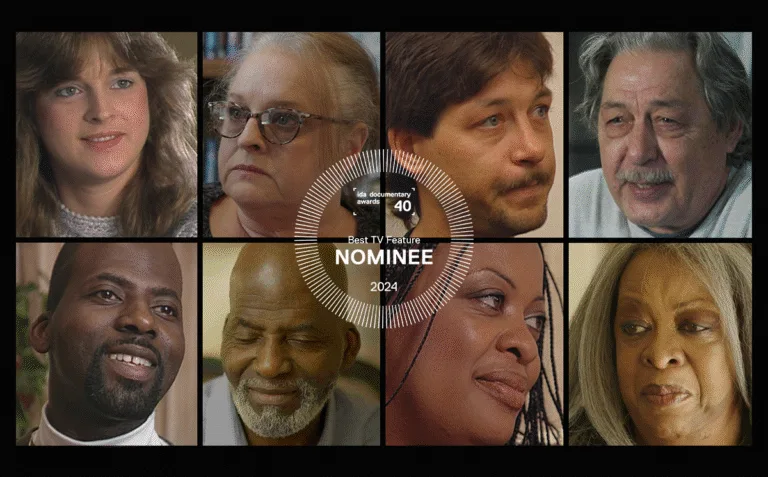A collage of eight photos showing the matriarchs and patriarchs of the Stanley and Neumann families with an IDA Documentary Awards Nominee logo on top.
