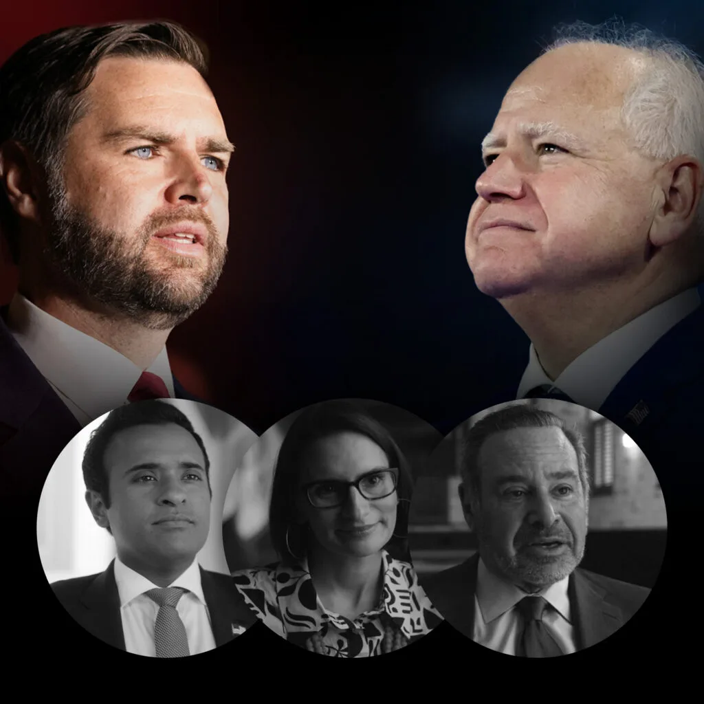 A composite photo of the 2024 U.S. vice presidential candidates, J.D. Vance and Tim Walz, with an overlay of three photos of interviewees.