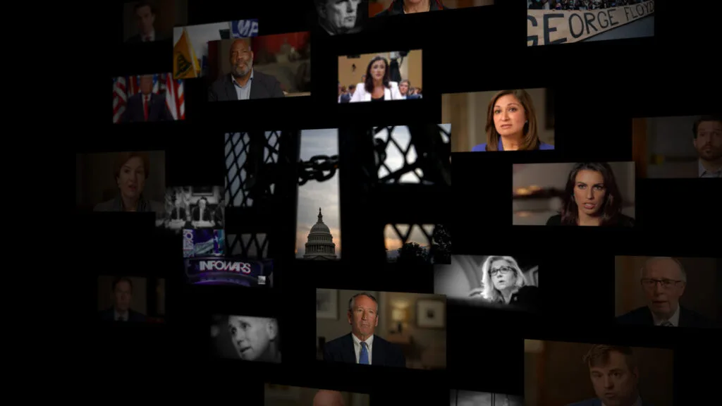 A collage of stills from the documentary "Lies, Politics and Democracy."
