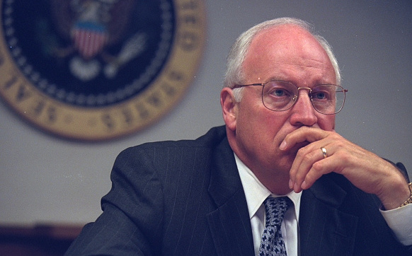 In this handout photo provided by the U.S. National Archives, Vice President Dick Cheney meets with senior staff in the President's Emergency Operations Center (PEOC) after the terrorist attacks on September 11, 2001 in Washington, DC.