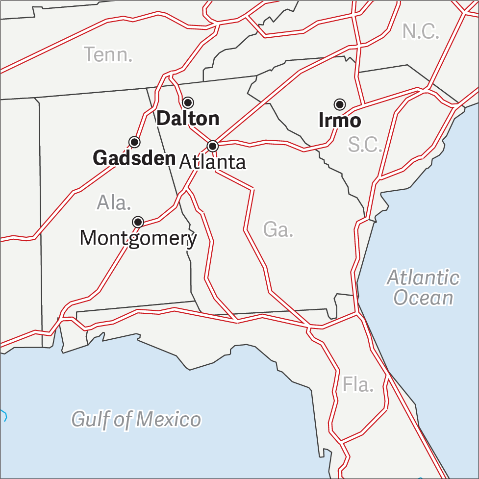 An illustrated map of the southeast of the U.S., focused on Georgia, South Carolina and Alabama.