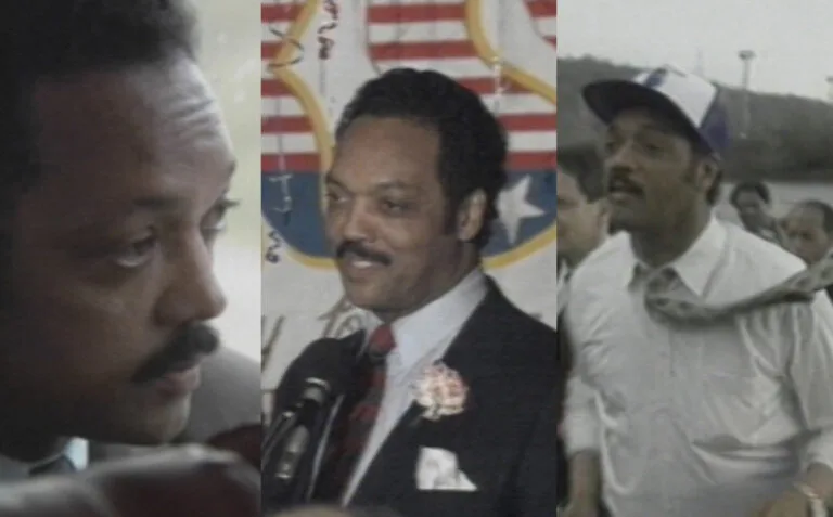 A montage of three images of the Rev. Jesse Jackson during his historic 1988 presidential campaign, as seen in the FRONTLINE documentary 'Running with Jesse.'