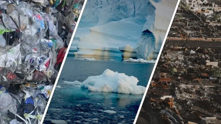 Images from "Plastic Wars," "Greenland Melting" and "Maui's Deadly Firestorm," three documentaries that are part of FRONTLINE's recommended Earth Day viewing.
