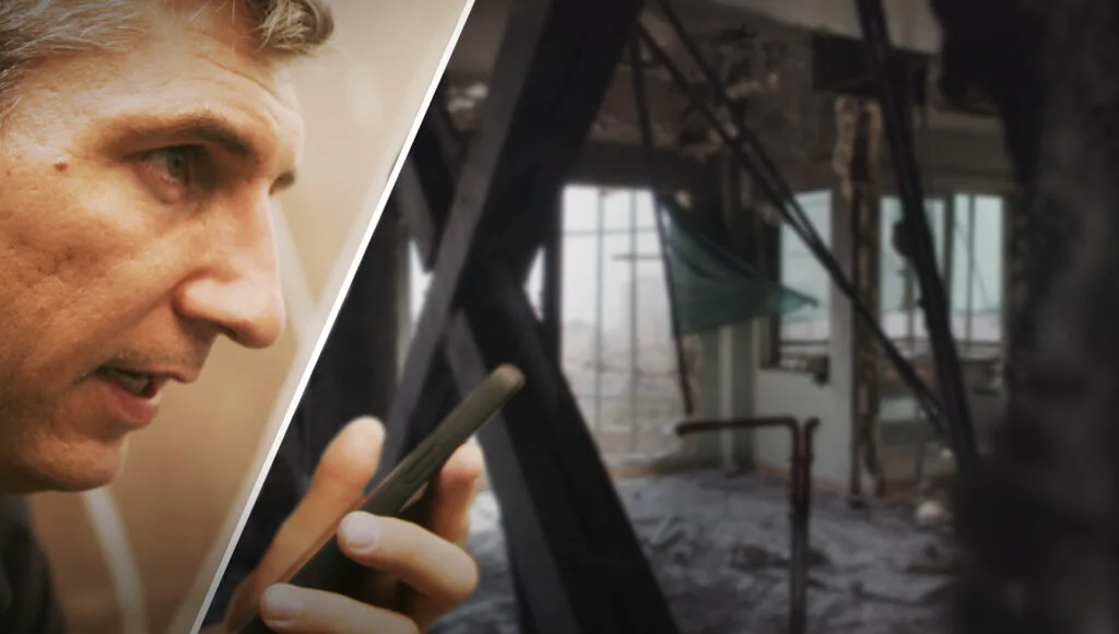 A composite image shows filmmaker and correspondent Sebastian Walker and a building in Iran damaged in June 2025 strikes. Both still images appear in 'Strike on Iran: The Nuclear Question.'