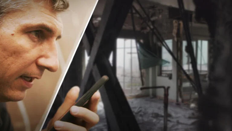 A composite image shows filmmaker and correspondent Sebastian Walker and a building in Iran damaged in June 2025 strikes. Both still images appear in 'Strike on Iran: The Nuclear Question.'